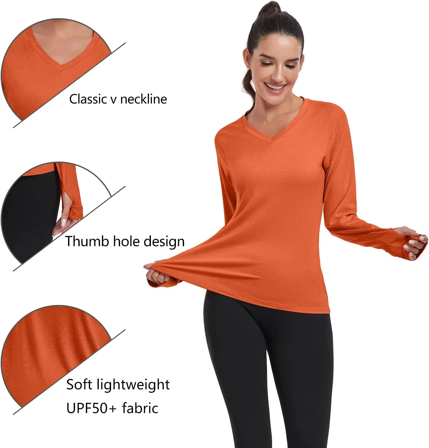 HISKYWIN Women's Quick Dry Shirts UPF 50  Sun Protection V-Neck Long Sleeve Athletic Workout Tops