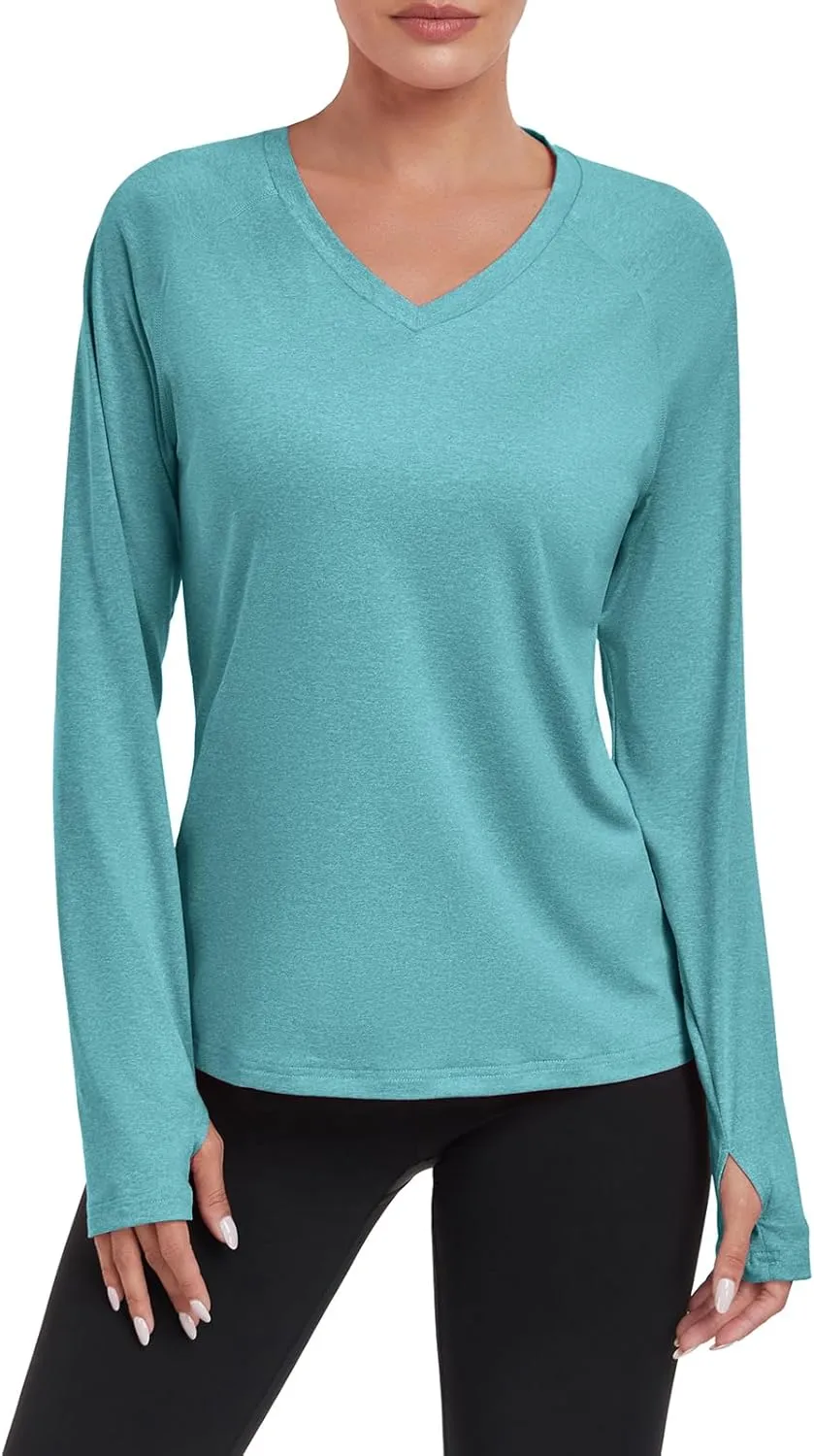 HISKYWIN Women's Quick Dry Shirts UPF 50  Sun Protection V-Neck Long Sleeve Athletic Workout Tops
