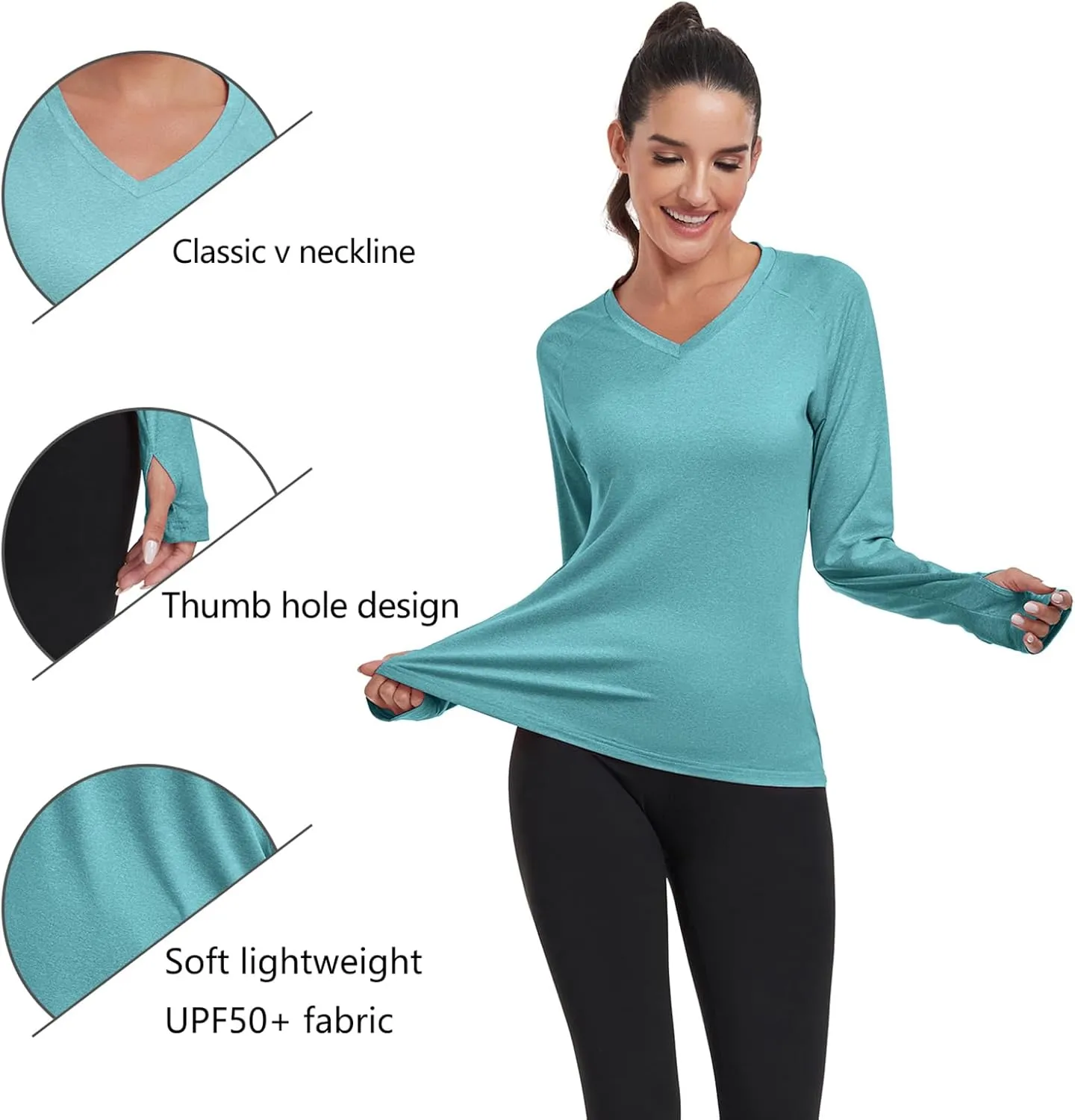 HISKYWIN Women's Quick Dry Shirts UPF 50  Sun Protection V-Neck Long Sleeve Athletic Workout Tops