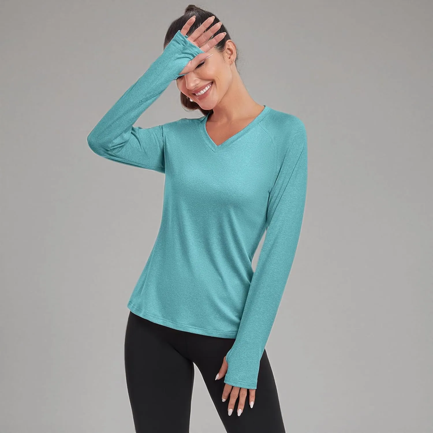 HISKYWIN Women's Quick Dry Shirts UPF 50  Sun Protection V-Neck Long Sleeve Athletic Workout Tops