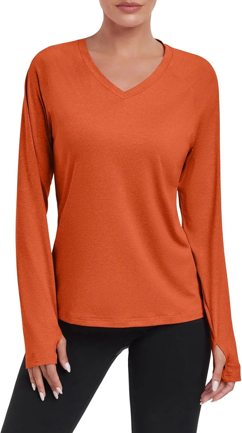 HISKYWIN Women's Quick Dry Shirts UPF 50  Sun Protection V-Neck Long Sleeve Athletic Workout Tops