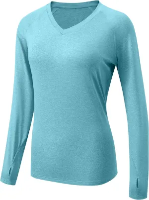 HISKYWIN Women's Quick Dry Shirts UPF 50  Sun Protection V-Neck Long Sleeve Athletic Workout Tops