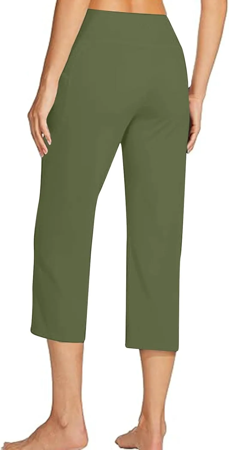 hlysgo Women's Yoga Capris Pants High Waist Leggings Crossover Straight Leg Crop Trousers Summer Workout Capris with Pockets