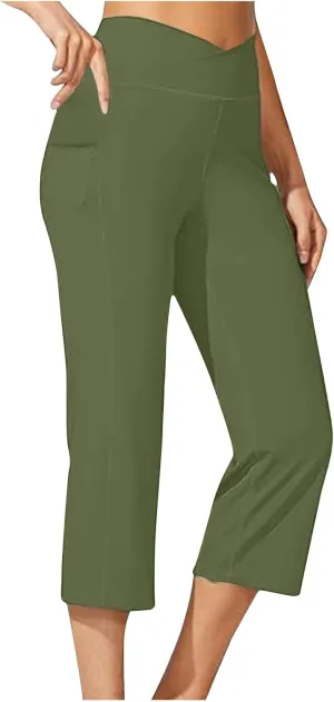 hlysgo Women's Yoga Capris Pants High Waist Leggings Crossover Straight Leg Crop Trousers Summer Workout Capris with Pockets