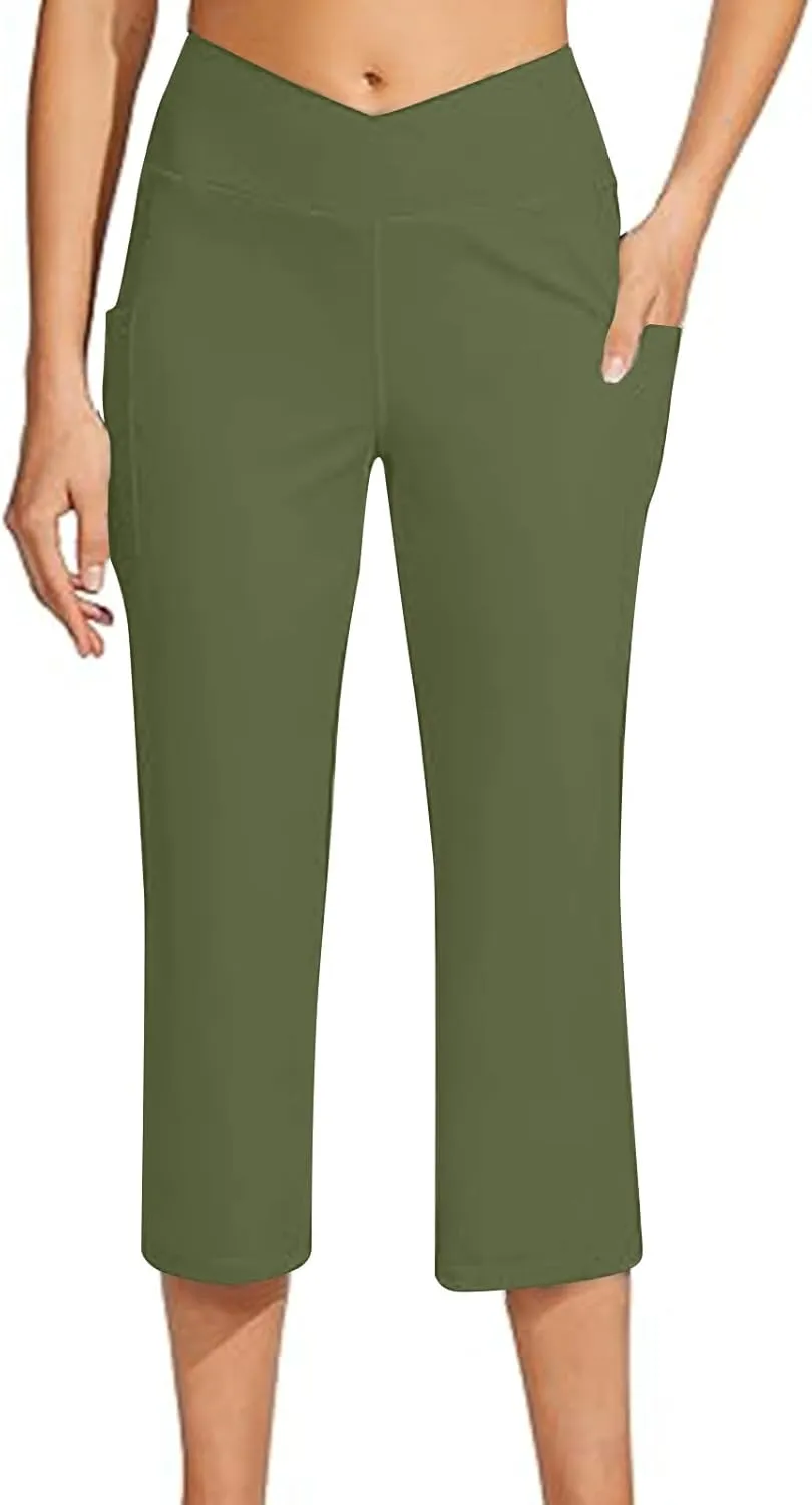 hlysgo Women's Yoga Capris Pants High Waist Leggings Crossover Straight Leg Crop Trousers Summer Workout Capris with Pockets