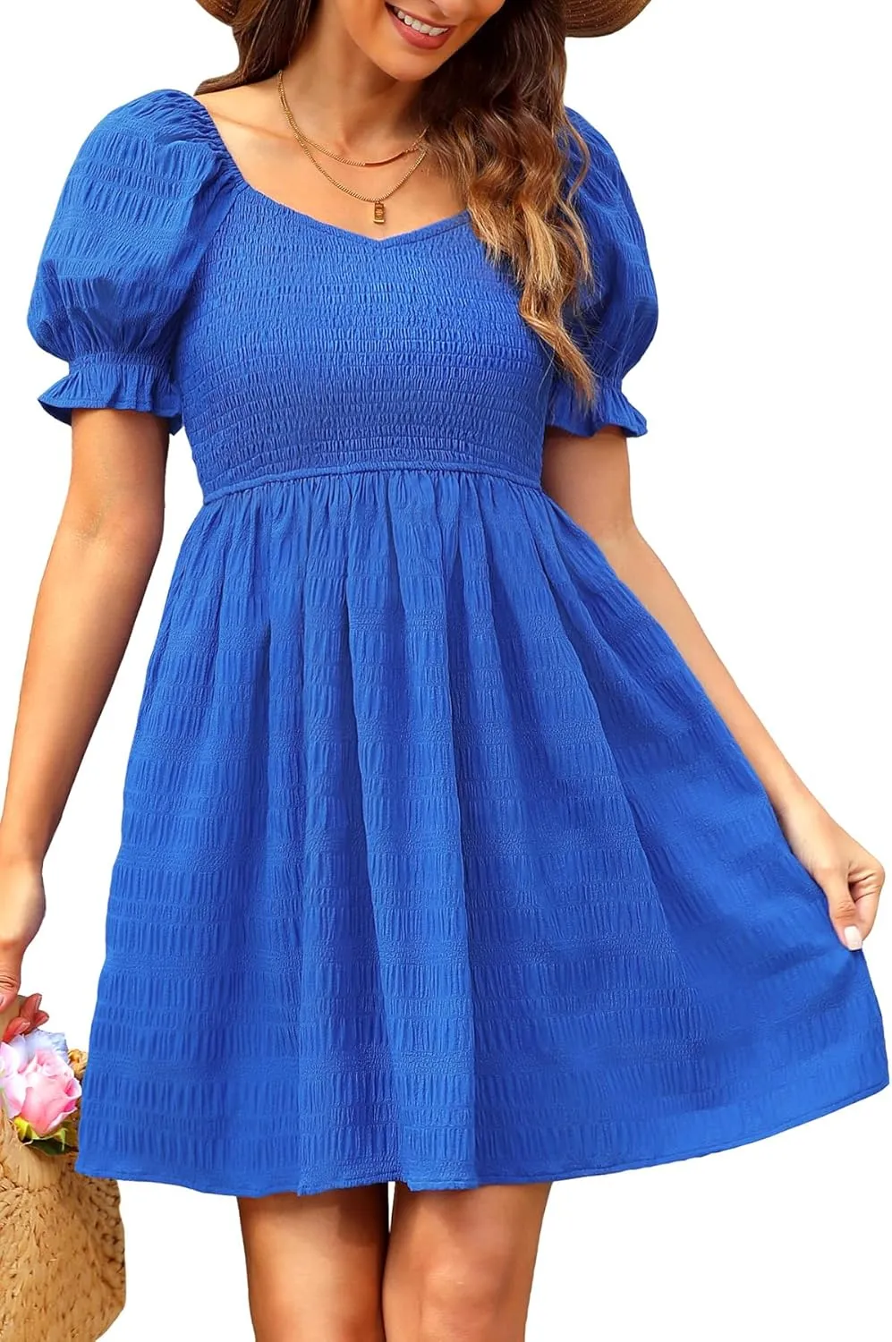 Holipick Womens Summer Dress - Smocked Sweetheart Neckline Puff Sleeve Flowy A-Line Short Cute Casual Spring Dresses for Teen