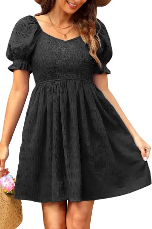 Holipick Womens Summer Dress - Smocked Sweetheart Neckline Puff Sleeve Flowy A-Line Short Cute Casual Spring Dresses for Teen