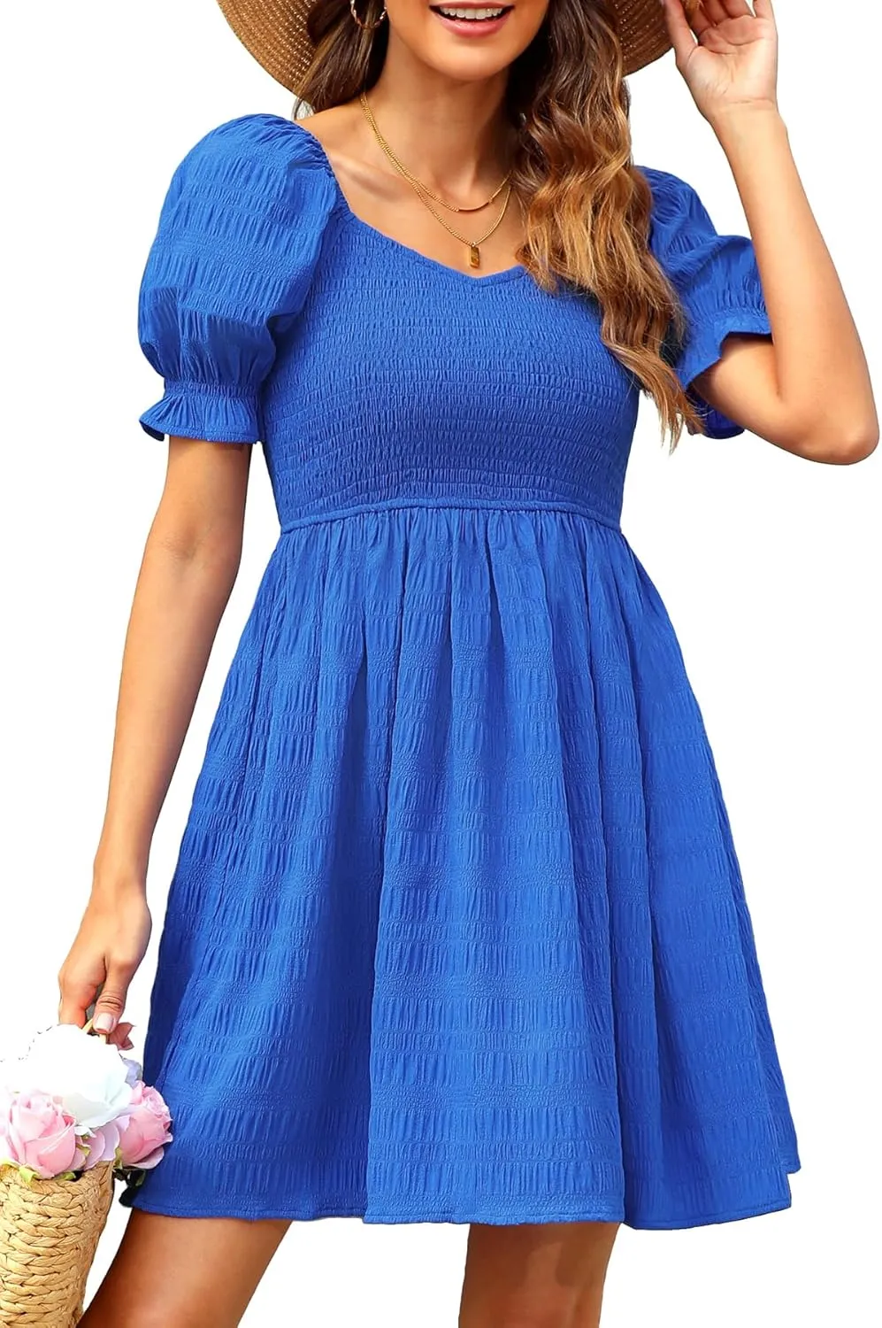 Holipick Womens Summer Dress - Smocked Sweetheart Neckline Puff Sleeve Flowy A-Line Short Cute Casual Spring Dresses for Teen