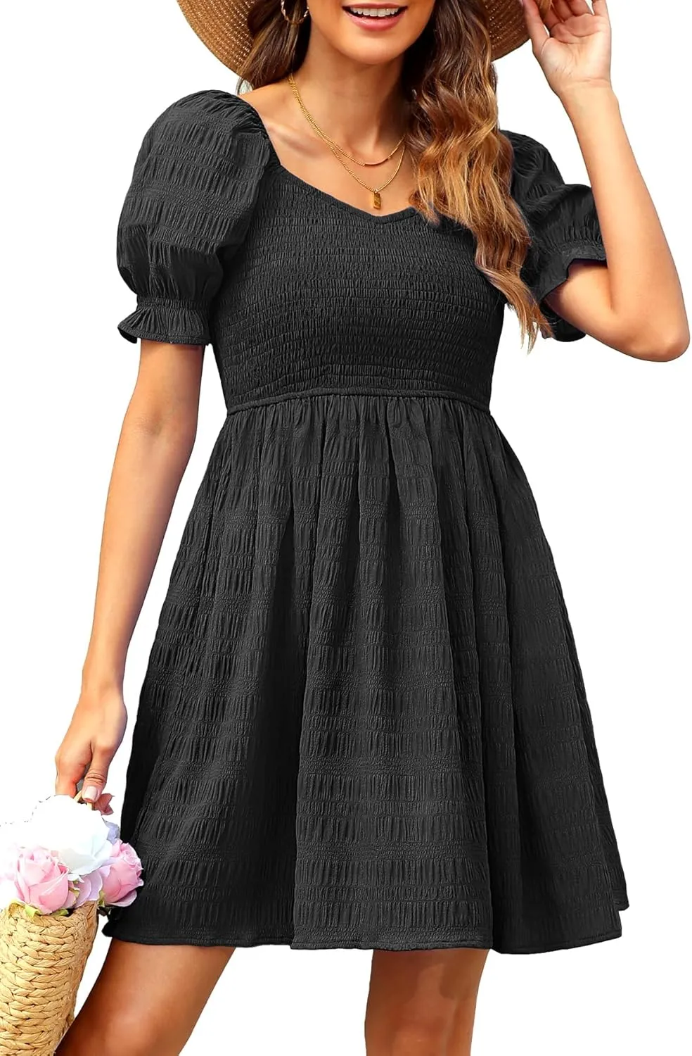 Holipick Womens Summer Dress - Smocked Sweetheart Neckline Puff Sleeve Flowy A-Line Short Cute Casual Spring Dresses for Teen