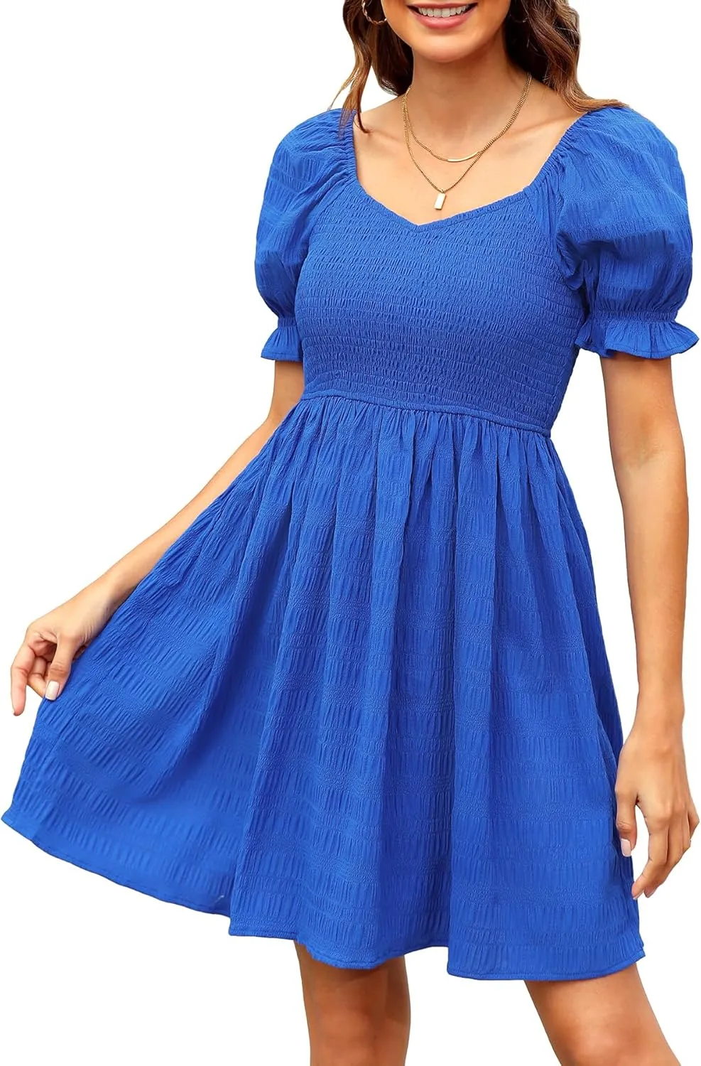 Holipick Womens Summer Dress - Smocked Sweetheart Neckline Puff Sleeve Flowy A-Line Short Cute Casual Spring Dresses for Teen