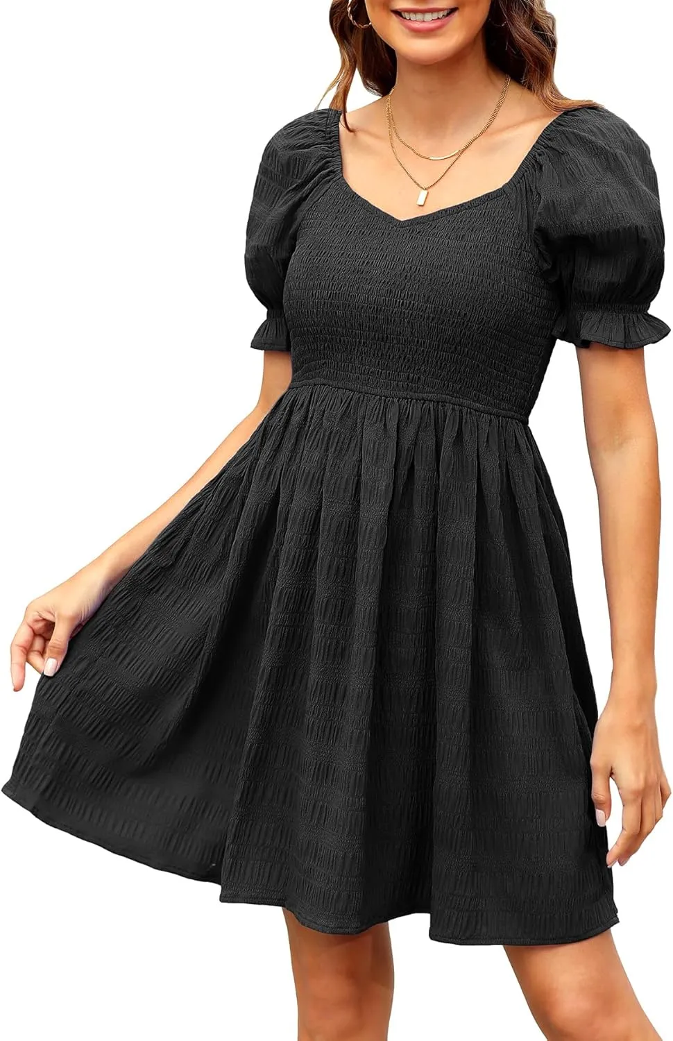 Holipick Womens Summer Dress - Smocked Sweetheart Neckline Puff Sleeve Flowy A-Line Short Cute Casual Spring Dresses for Teen