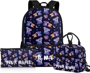 Howilath Cute Koala Print Cute Backpack Set for Kids 3PCS School Bag with Insulated Lunch Bag Pencil Pouch for School Stylish Bookbag for Boys Girls 5  Years Bookbags with Name Customized