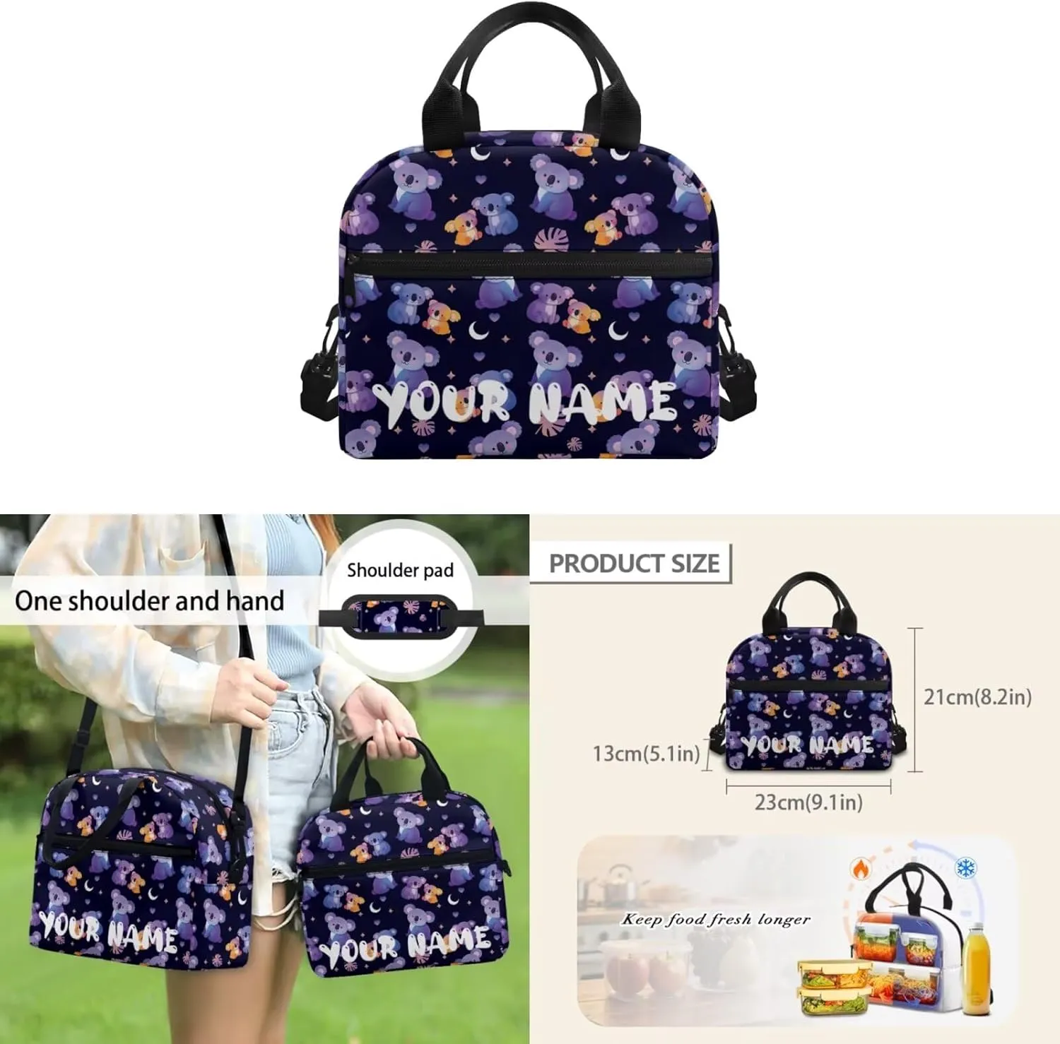 Howilath Cute Koala Print Cute Backpack Set for Kids 3PCS School Bag with Insulated Lunch Bag Pencil Pouch for School Stylish Bookbag for Boys Girls 5  Years Bookbags with Name Customized