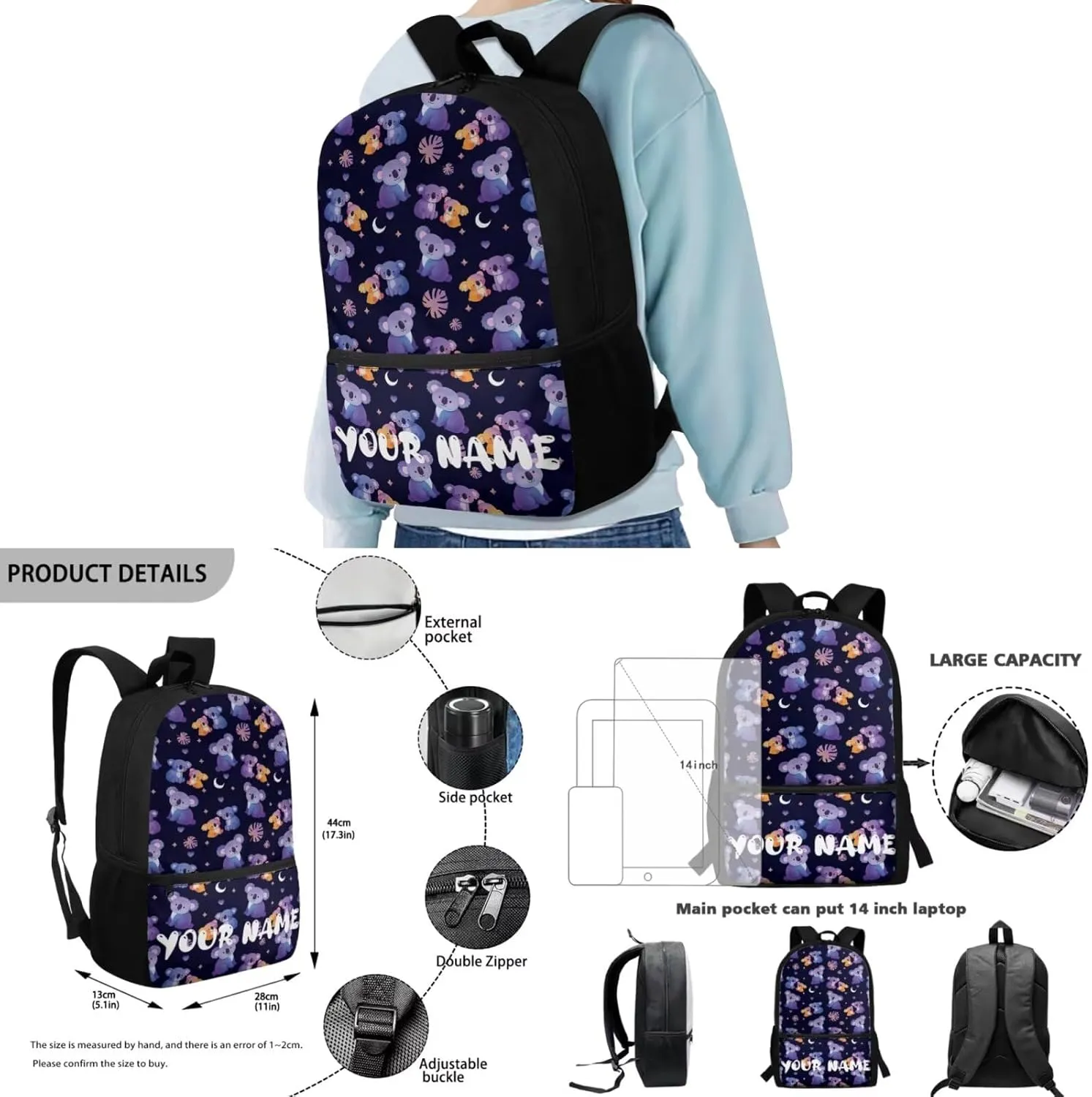 Howilath Cute Koala Print Cute Backpack Set for Kids 3PCS School Bag with Insulated Lunch Bag Pencil Pouch for School Stylish Bookbag for Boys Girls 5  Years Bookbags with Name Customized