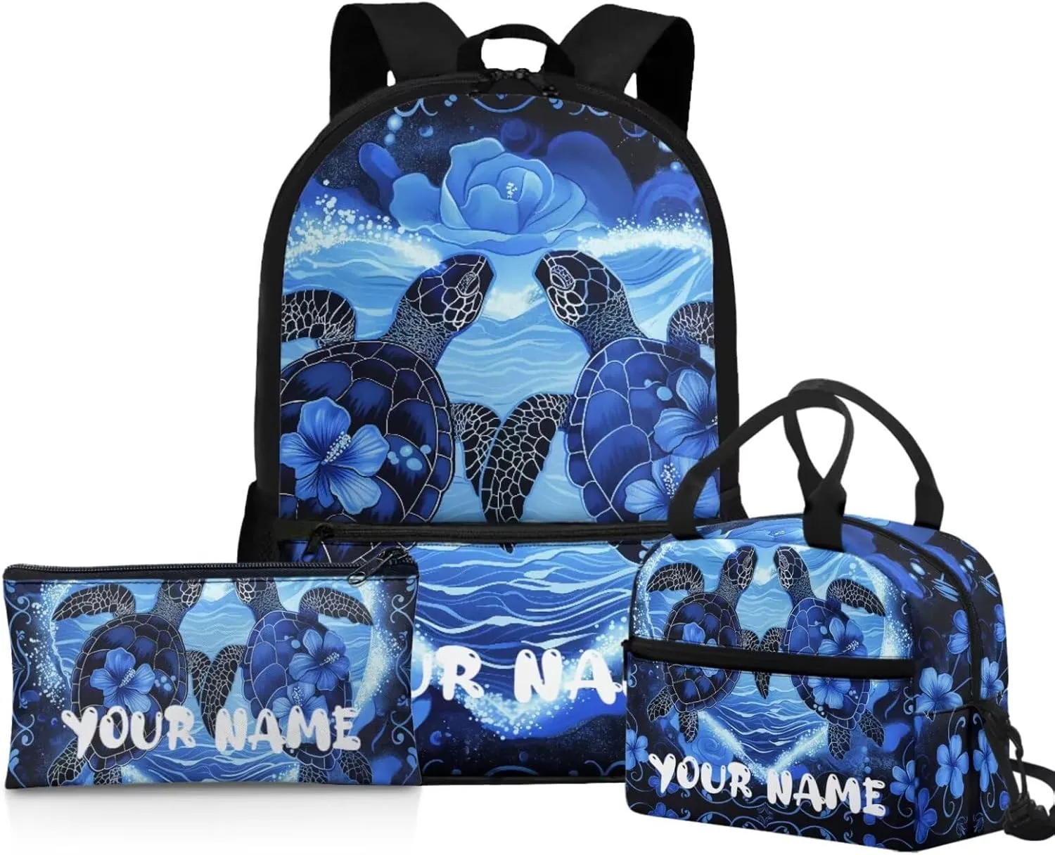 Howilath Hibiscus Turtle Cute Backpack Set for Kids 3PCS School Bag with Insulated Lunch Bag Pencil Pouch for School Stylish Bookbag for Boys Girls 5  Years Bookbags with Name Customized
