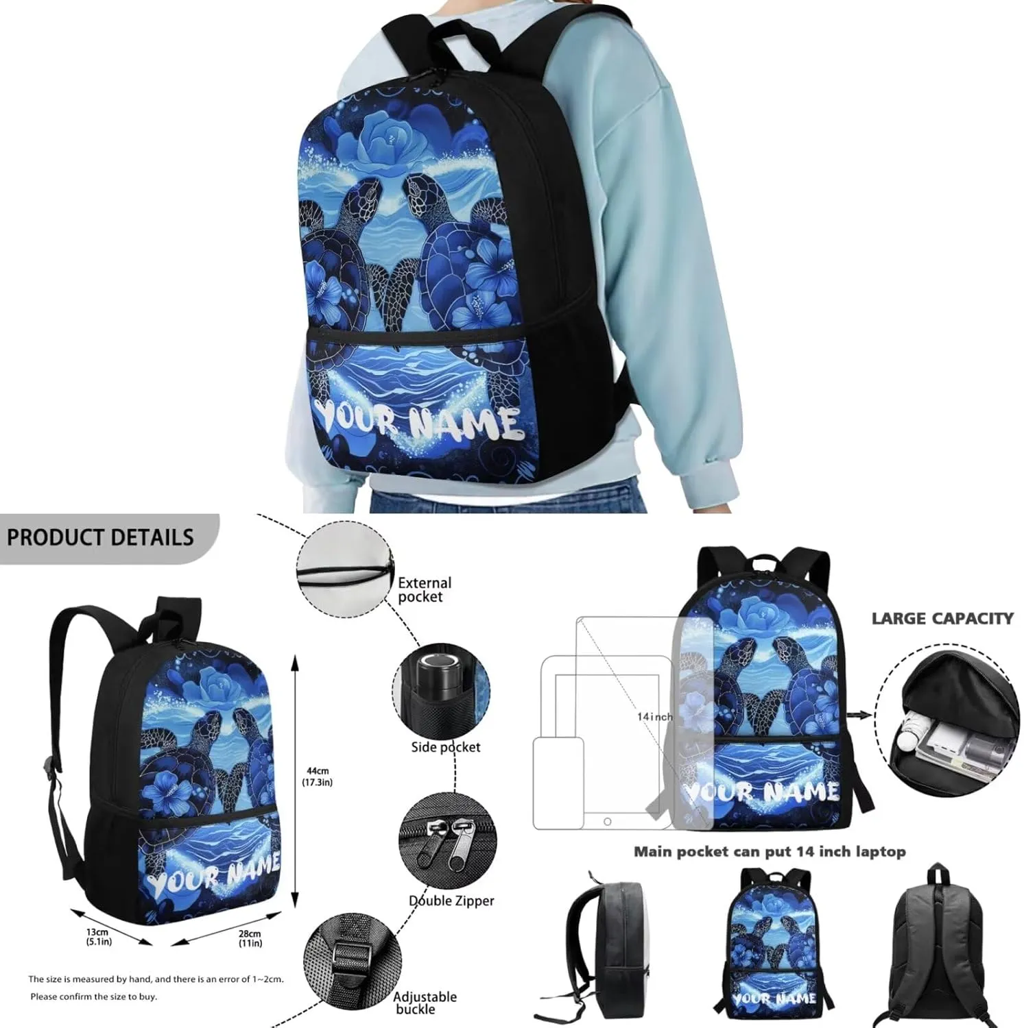 Howilath Hibiscus Turtle Cute Backpack Set for Kids 3PCS School Bag with Insulated Lunch Bag Pencil Pouch for School Stylish Bookbag for Boys Girls 5  Years Bookbags with Name Customized