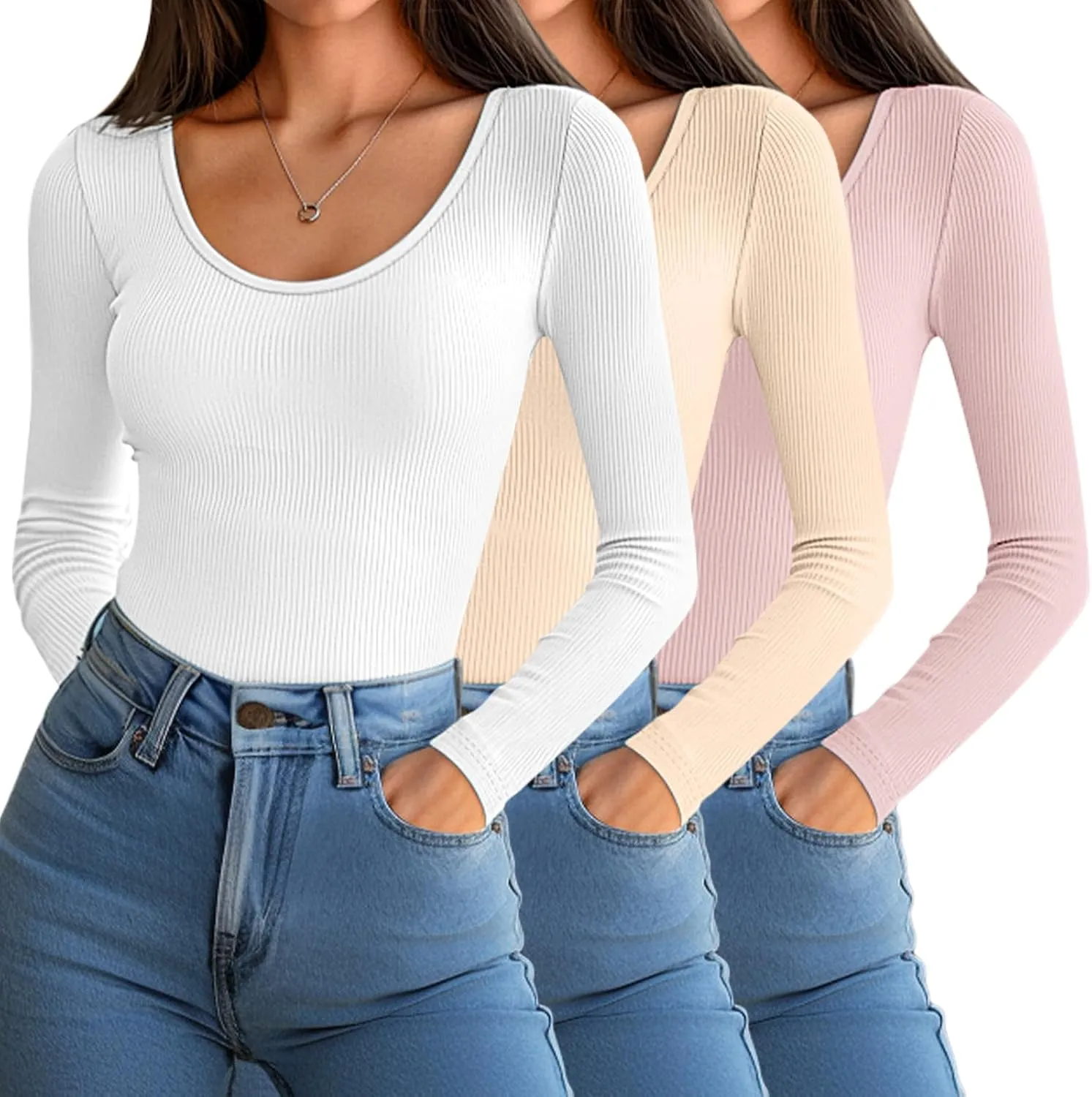 Huukeay 3 Pack Women's Long Sleeve Thermal Shirts, Ribbed Scoop Neck Slim Fit Under Scrub Tops T Shirts Baselayer Tops