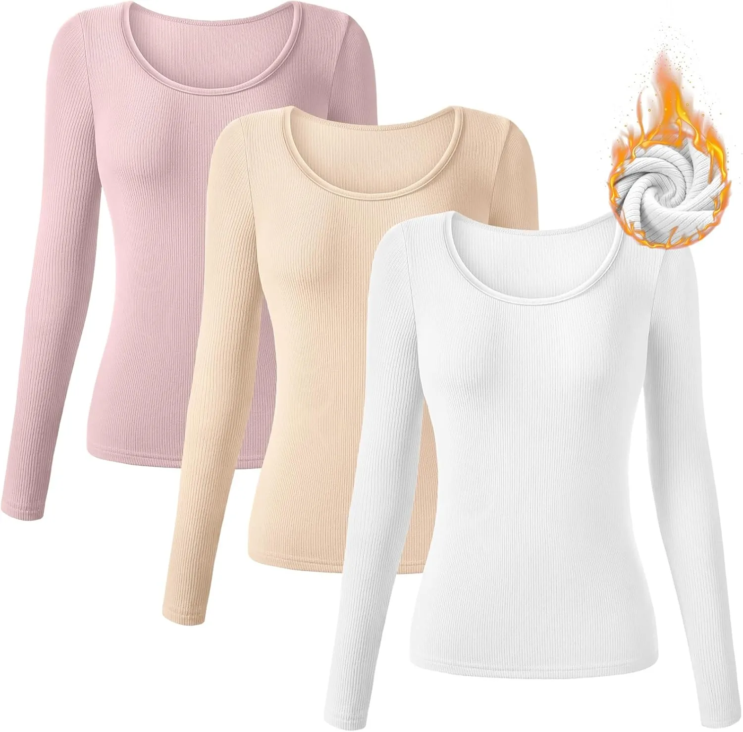 Huukeay 3 Pack Women's Long Sleeve Thermal Shirts, Ribbed Scoop Neck Slim Fit Under Scrub Tops T Shirts Baselayer Tops