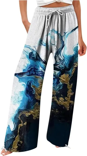 HXHYQKP Women Cotton Linen Palazzo Pants Summer Wide Leg High Waist Lounge Flowy Adjustable Pant Trousers with Pockets 2024
