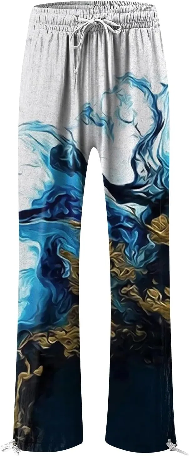 HXHYQKP Women Cotton Linen Palazzo Pants Summer Wide Leg High Waist Lounge Flowy Adjustable Pant Trousers with Pockets 2024