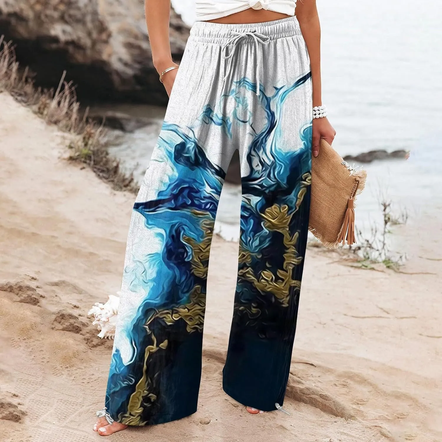 HXHYQKP Women Cotton Linen Palazzo Pants Summer Wide Leg High Waist Lounge Flowy Adjustable Pant Trousers with Pockets 2024