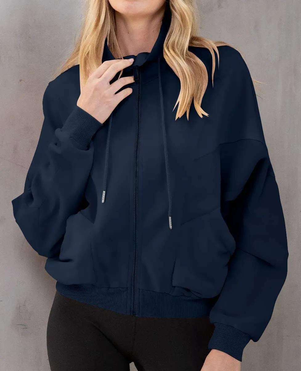 INFITTY Womens Long Sleeve Jacket Full Zip Up Stand Collar with Pockets Casual Batwing Lightweight Sweatshirts