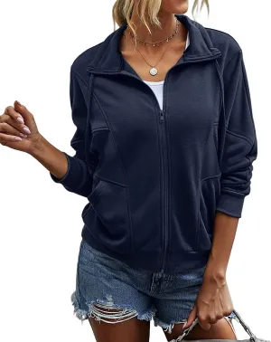 INFITTY Womens Long Sleeve Jacket Full Zip Up Stand Collar with Pockets Casual Batwing Lightweight Sweatshirts