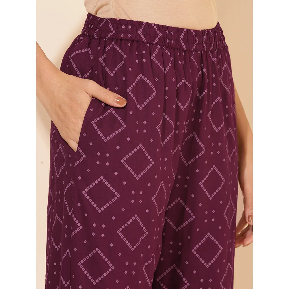 Janasya Women's Wine Rayon Floral Printed Kurta with Palazzo (Set of 2)