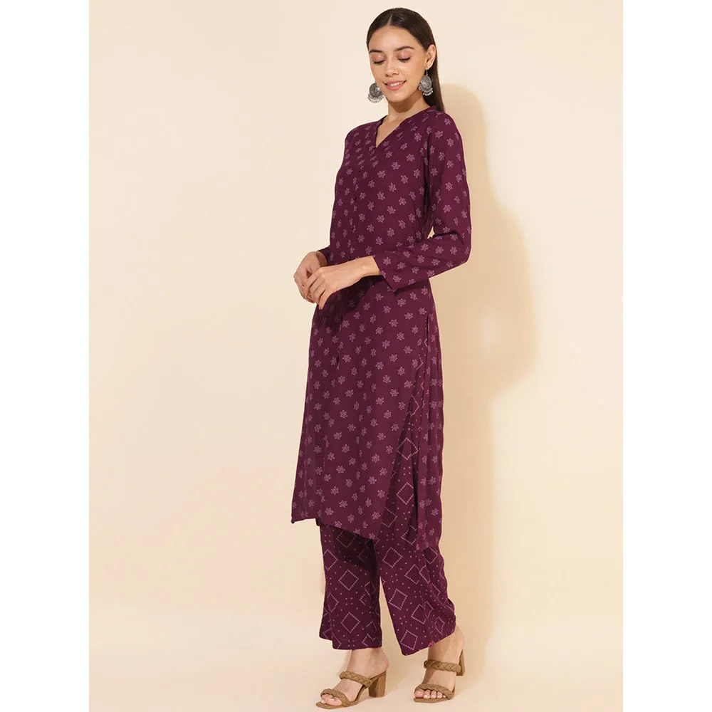 Janasya Women's Wine Rayon Floral Printed Kurta with Palazzo (Set of 2)