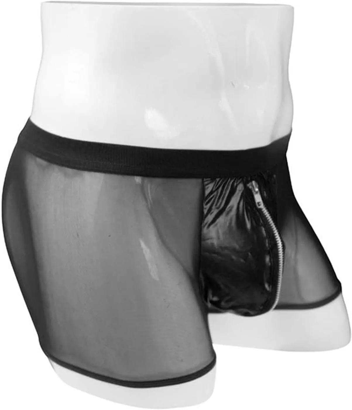 JEsilunmaMY Mesh Leather Boxers for Men Mid Waist Zip Pouch Underwear Lingerie See Through Breathable Briefs Sexy Panties