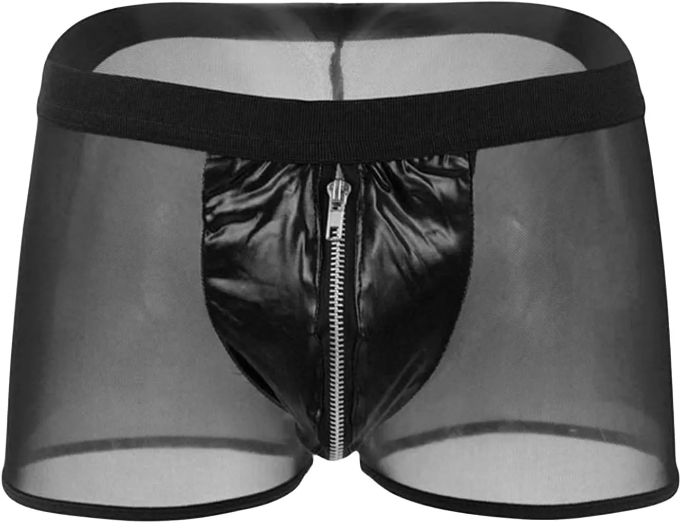 JEsilunmaMY Mesh Leather Boxers for Men Mid Waist Zip Pouch Underwear Lingerie See Through Breathable Briefs Sexy Panties