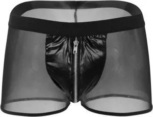 JEsilunmaMY Mesh Leather Boxers for Men Mid Waist Zip Pouch Underwear Lingerie See Through Breathable Briefs Sexy Panties