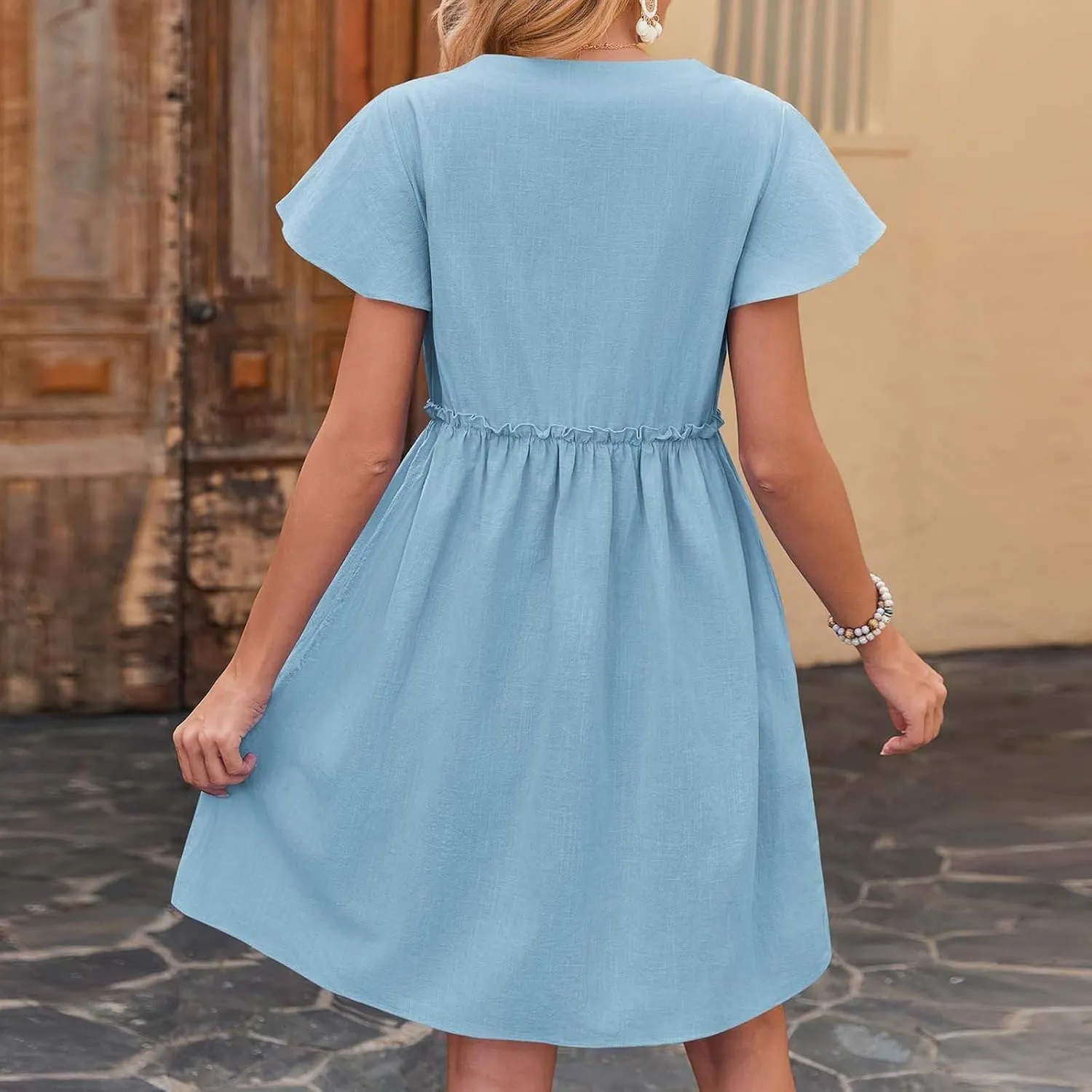 JOAU Women Button Up Shirt Dress 2025 Loose Summer V Neck Flutter Sleeve Dresses Ruffle Elastic Waist Casual Mini Tunic Dress