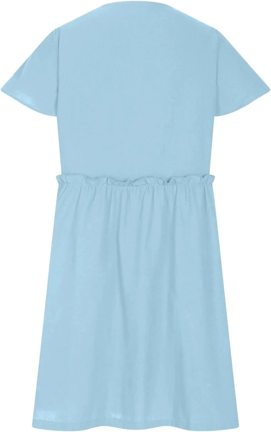 JOAU Women Button Up Shirt Dress 2025 Loose Summer V Neck Flutter Sleeve Dresses Ruffle Elastic Waist Casual Mini Tunic Dress