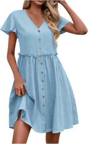 JOAU Women Button Up Shirt Dress 2025 Loose Summer V Neck Flutter Sleeve Dresses Ruffle Elastic Waist Casual Mini Tunic Dress