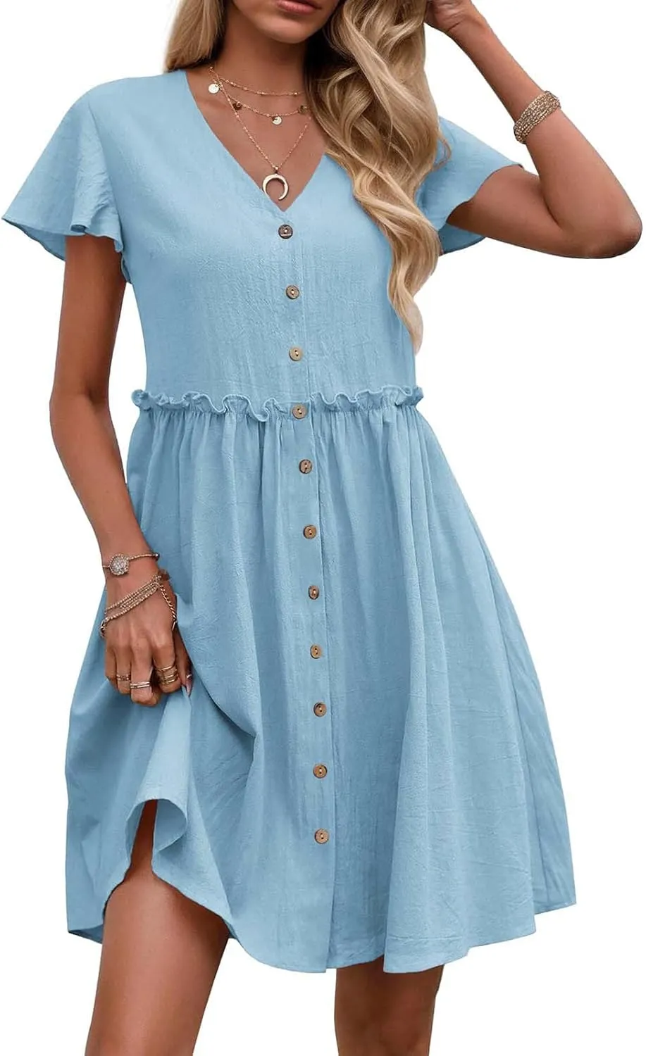 JOAU Women Button Up Shirt Dress 2025 Loose Summer V Neck Flutter Sleeve Dresses Ruffle Elastic Waist Casual Mini Tunic Dress