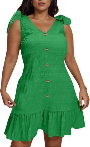 JOAU Women Plus Size Summer V Neck Sleeveless Tie Strap Button Ruffle Hem Boho Sundress Casual Flowy A-Line Mini Tank Dress