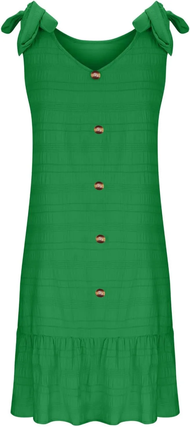 JOAU Women Plus Size Summer V Neck Sleeveless Tie Strap Button Ruffle Hem Boho Sundress Casual Flowy A-Line Mini Tank Dress