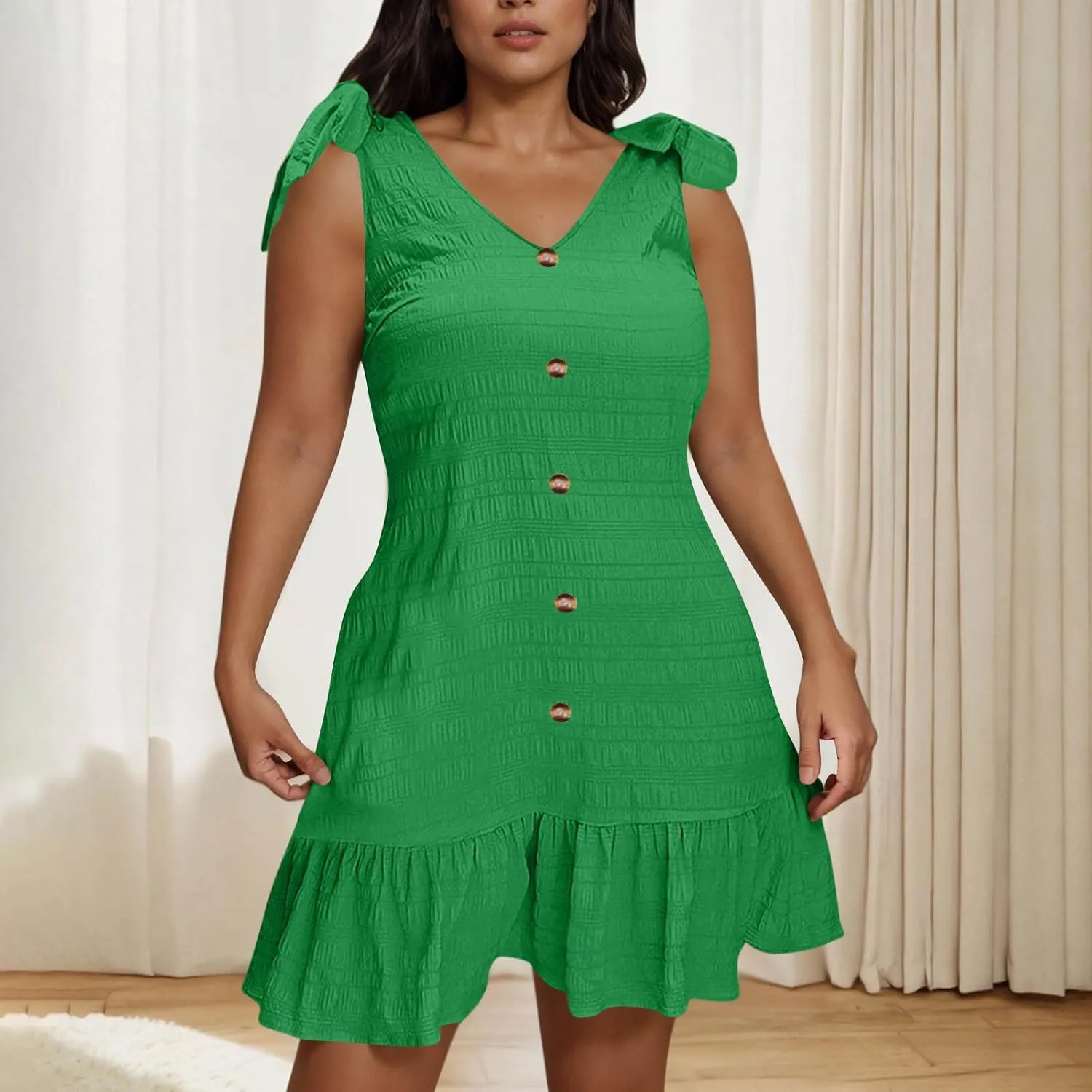 JOAU Women Plus Size Summer V Neck Sleeveless Tie Strap Button Ruffle Hem Boho Sundress Casual Flowy A-Line Mini Tank Dress