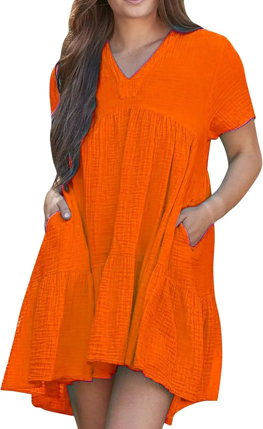 JOAU Women Summer Babydoll Dresses Cute Casual Short Sleeve V Neck Tiered Ruffle A Line Flowy Beach Mini Dress with Pockets