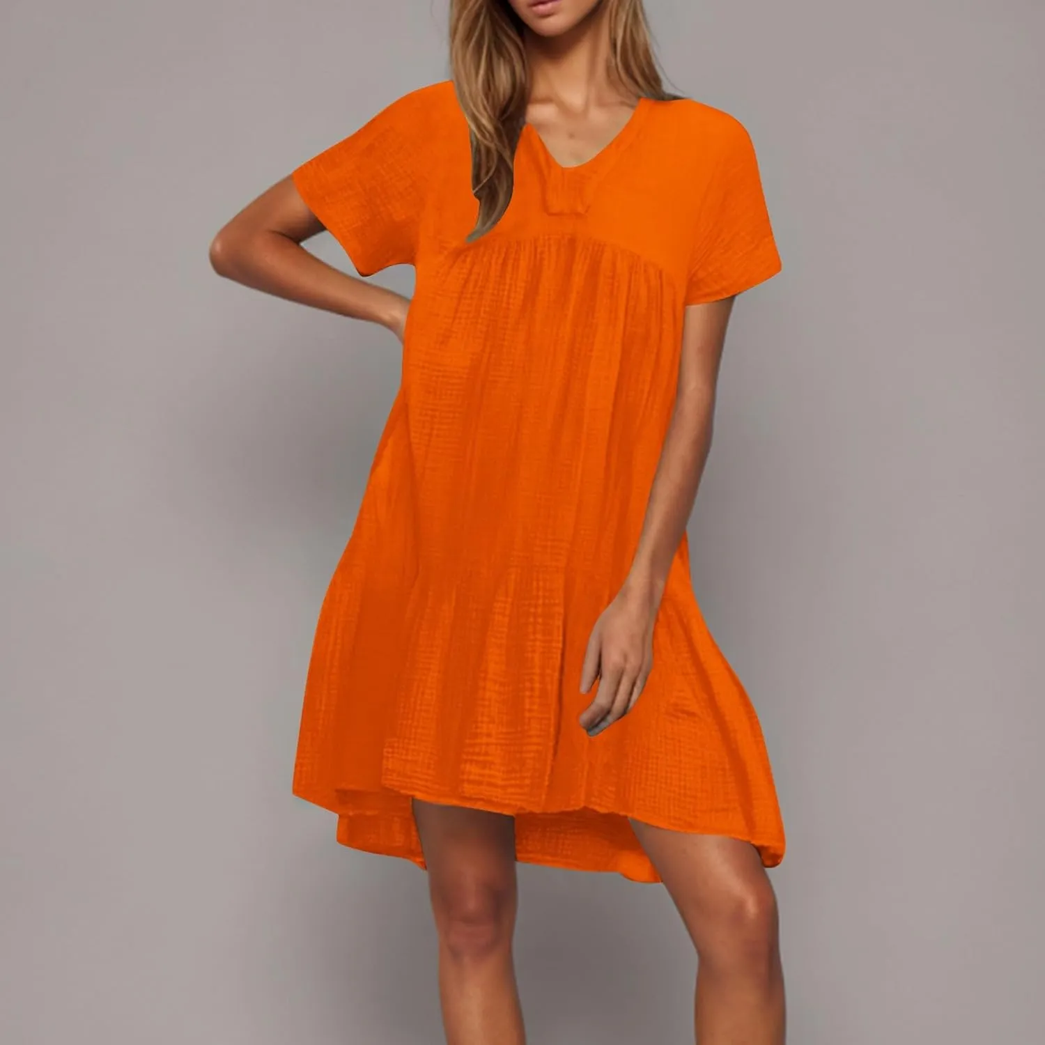 JOAU Women Summer Babydoll Dresses Cute Casual Short Sleeve V Neck Tiered Ruffle A Line Flowy Beach Mini Dress with Pockets