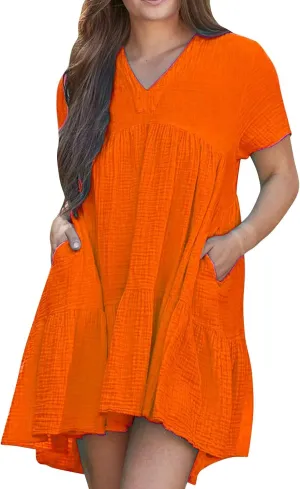 JOAU Women Summer Babydoll Dresses Cute Casual Short Sleeve V Neck Tiered Ruffle A Line Flowy Beach Mini Dress with Pockets