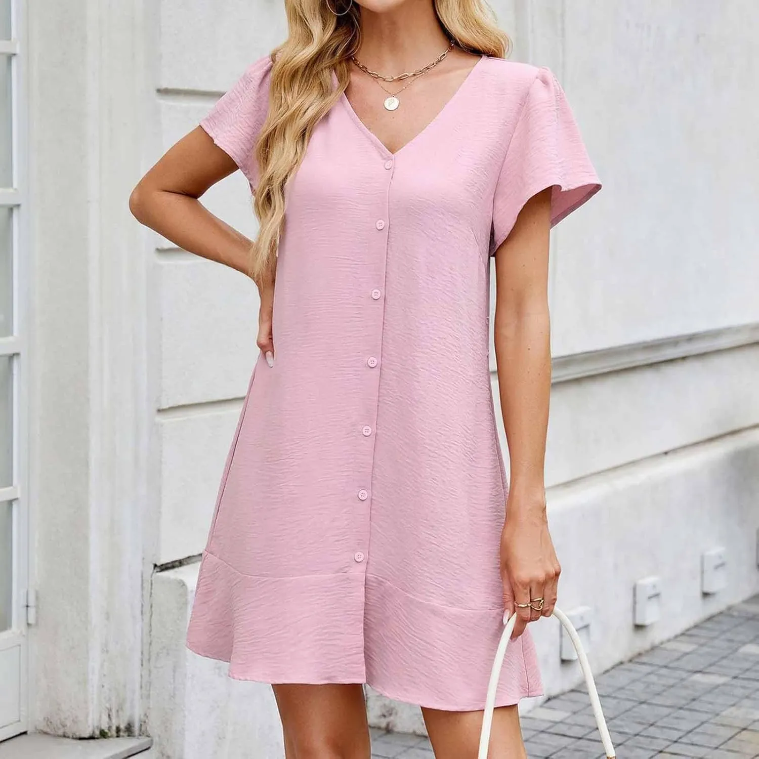 JOAU Women's Casual Summer Mini Shirt Dress Cute Babydoll V Neck Button Short Sleeve Ruffle A Line Swing Dresses with Belt
