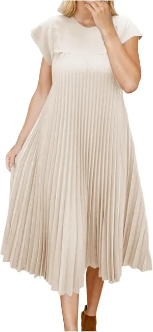 JOAU Womens Casual Summer Short Sleeve T Shirt Dress Crew Neck Beach Midi Dresses Loose A-Line Swing Pleated Dress 2025