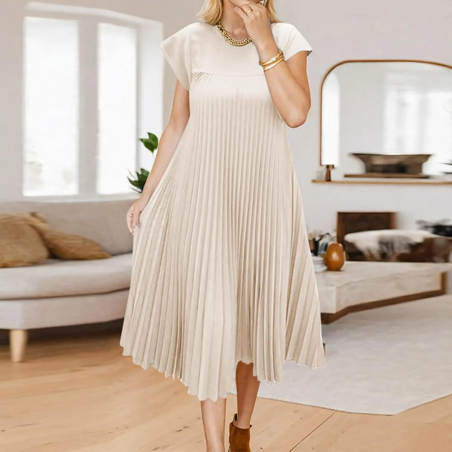 JOAU Womens Casual Summer Short Sleeve T Shirt Dress Crew Neck Beach Midi Dresses Loose A-Line Swing Pleated Dress 2025