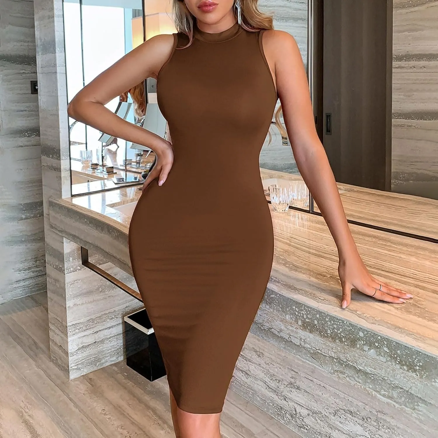 JOAU Women's Mock Neck Sleeveless Tank Dress Sexy Bodycon Knee Length Pencil Midi Dresses Summer Cocktail Party Sundress