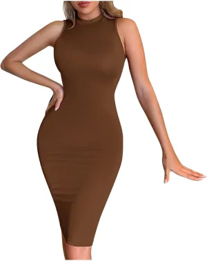 JOAU Women's Mock Neck Sleeveless Tank Dress Sexy Bodycon Knee Length Pencil Midi Dresses Summer Cocktail Party Sundress