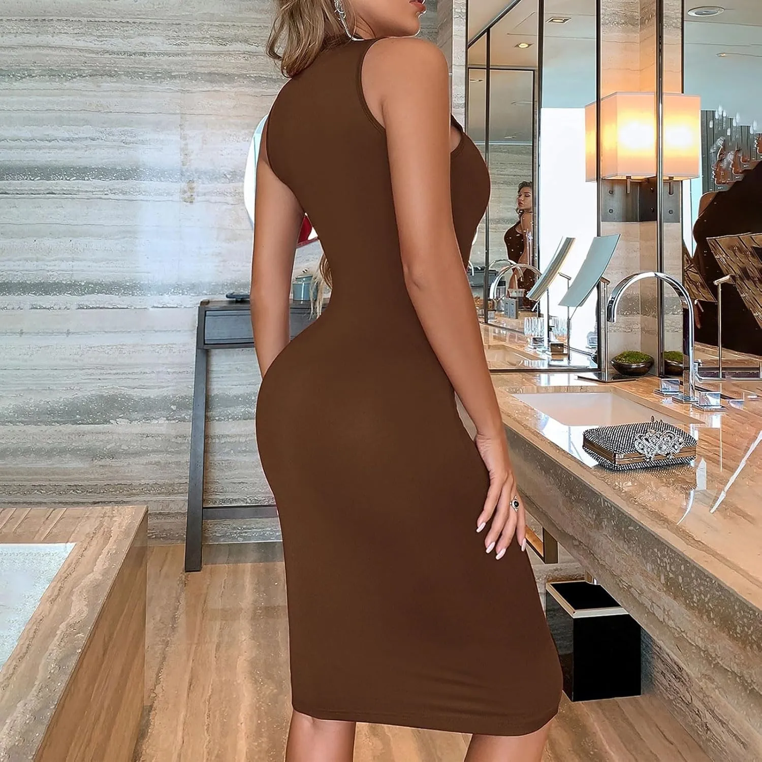 JOAU Women's Mock Neck Sleeveless Tank Dress Sexy Bodycon Knee Length Pencil Midi Dresses Summer Cocktail Party Sundress