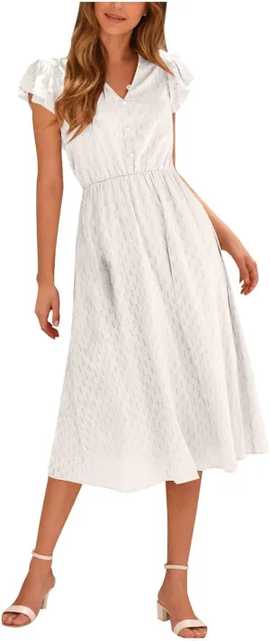 JOAU Womens Summer Casual Button Down Midi Dress Ruffle Short Sleeve V Neck Flowy A Line Beach Vacation Dresses