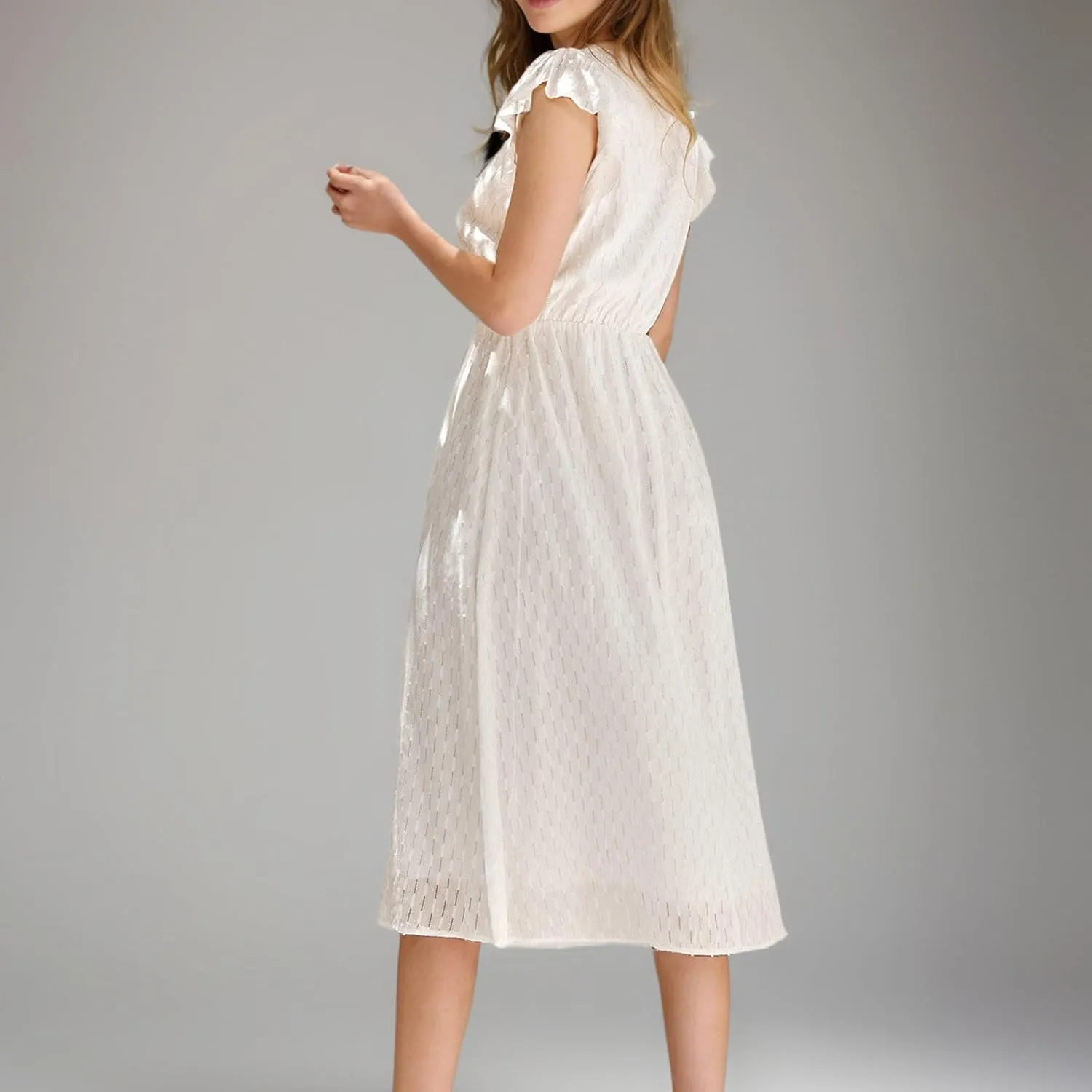 JOAU Womens Summer Casual Button Down Midi Dress Ruffle Short Sleeve V Neck Flowy A Line Beach Vacation Dresses